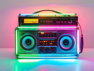 A boombox with an eye-catching LED light sign, surrounded by neon hues., isolated white background, Retro 80s synthwave, Photo stock style, clean background, no copyrighted logo, no letters