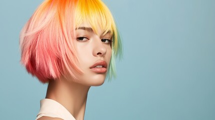 Fototapeta premium Close-up portrait of a young woman with vibrant rainbow-colored bob haircut against a light blue background.