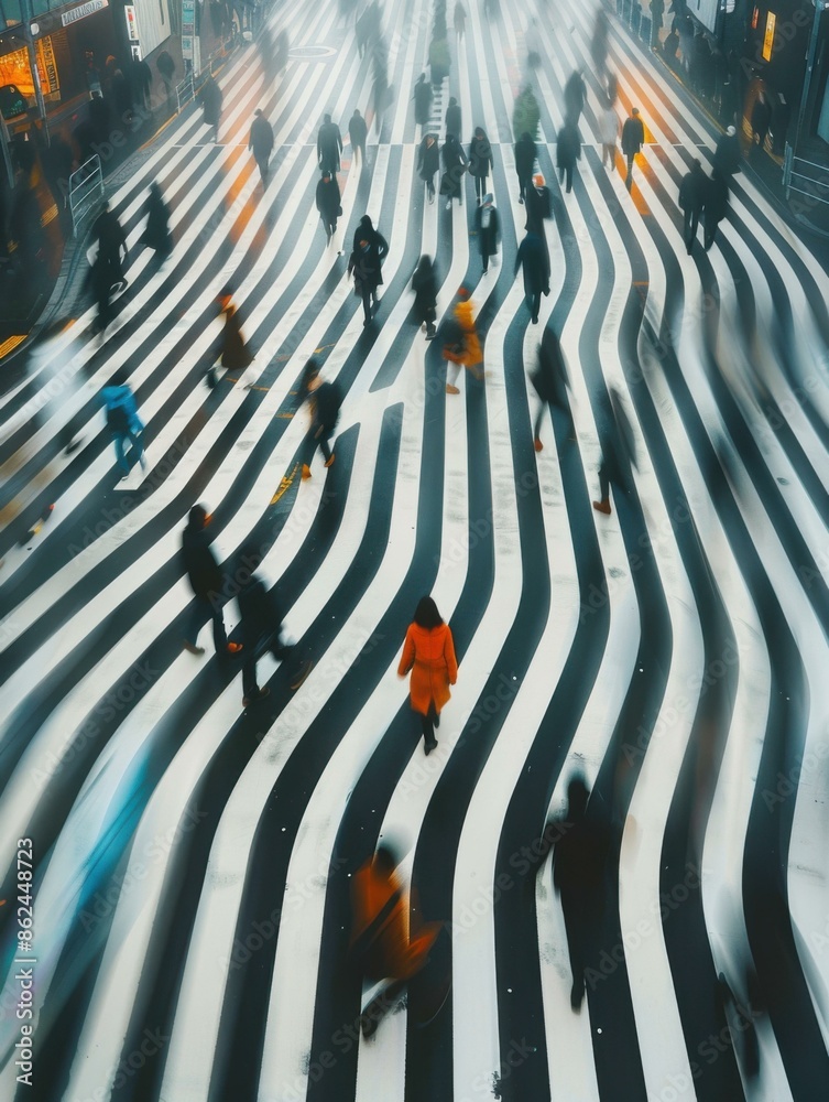 Poster A large group of people walking down a street with zebra stripes. AI.