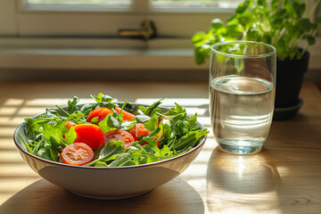bowl of healthy mixed salad with tomatoes and rucola, glass fresh water, lunch for lose weight