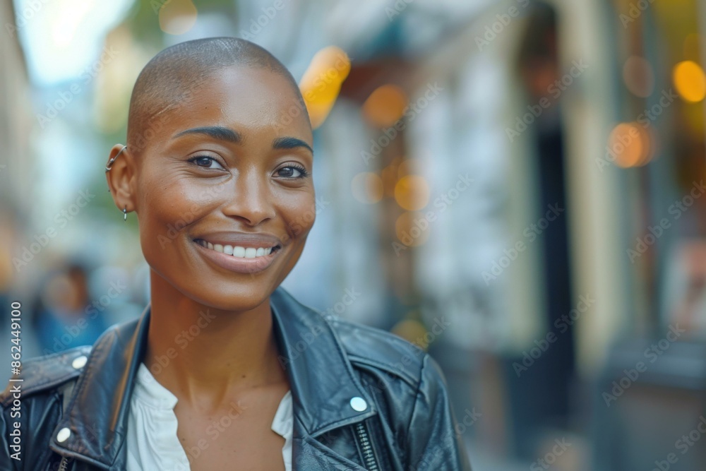 Sticker A woman with a shaved head and black leather jacket smiling. AI.