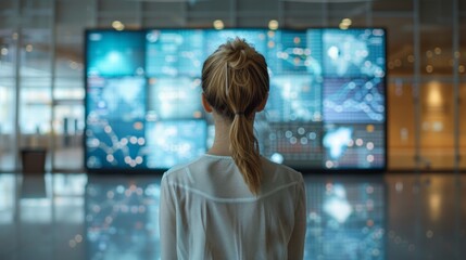 Woman Analyzing Data on Large Screen in Modern High-tech Office Space