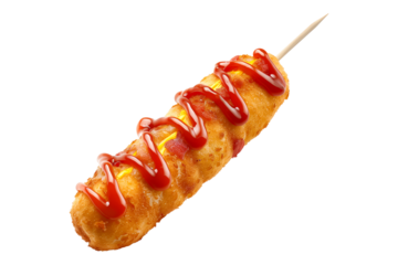 A closeup of a delicious corn dog topped with mustard isolated on white transparent background, ideal for snacking and street food themes
