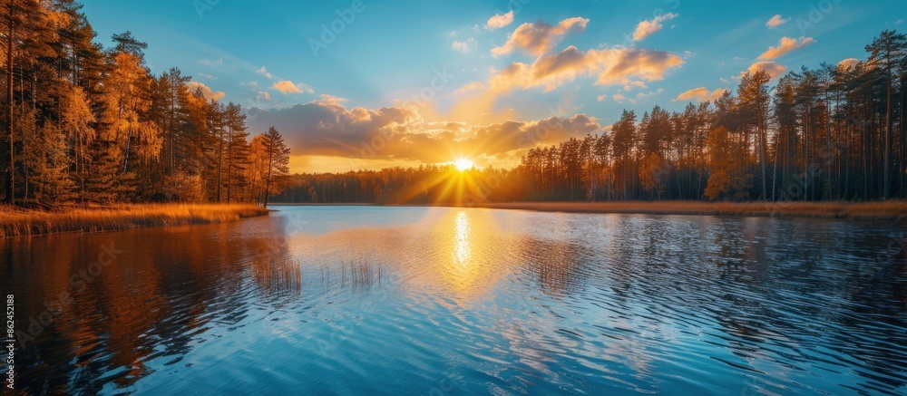 Wall mural stunning sunset over calm lake with reflections in water, golden hour with colorful sky. nature phot - Wall murals