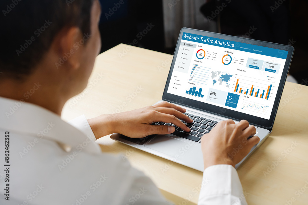 Poster computer software for website traffic analytics data on computer screen. concept of seo search engin