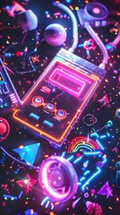 Fototapeta premium Neon color splashes and 80s icons with glowing LED light accents., isolated white background, Retro 80s synthwave, Photo stock style, clean background, no copyrighted logo, no letters