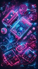 Neon color splashes and 80s icons with glowing LED light accents., isolated white background, Retro 80s synthwave, Photo stock style, clean background, no copyrighted logo, no letters