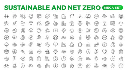 Set of sustainability and Net Zero, environmental, ecological, recyling, green, organic, industry thin line icons. Linear ecology simple symbol collection.
