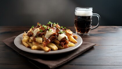 A plate of Canadian poutine, consisting of French fries, cheese curds and gravy, served on a rustic wooden table