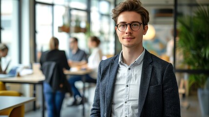 Young professional working in modern open office. Casual business attire, glasses, and confident demeanor. Stylish workspace with natural light and a collaborative environment. AI