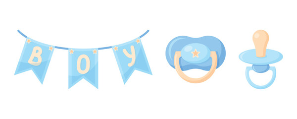 Blue baby Dummy set for boy. Baby pacifier icon. Element for design of logo, icons, buttons. vector illustration