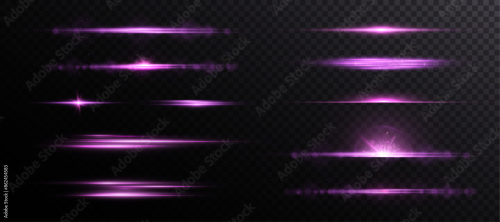 Poster set of shining bright purple horizontal light effects png isolated on dark background, glare, lines,