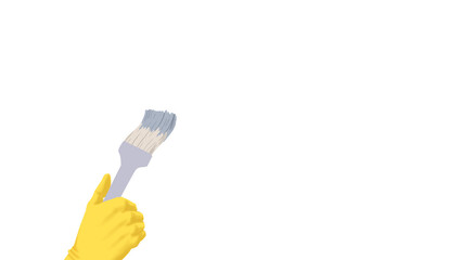 close-up of a hand wearing yellow latex gloves, using brush to paint on a white background. Cleaning or housekeeping concept background. Frame for text or advertising.Illustration or vector style