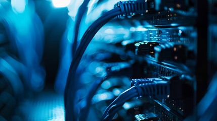 A close-up image of network cables plugged into a server in a dimly lit server room, highlighting...