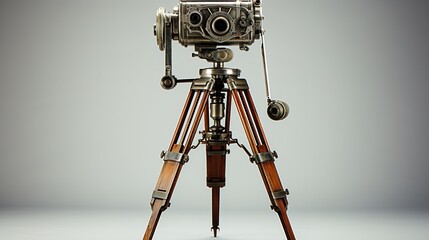 Vintage movie camera on tripod on white background