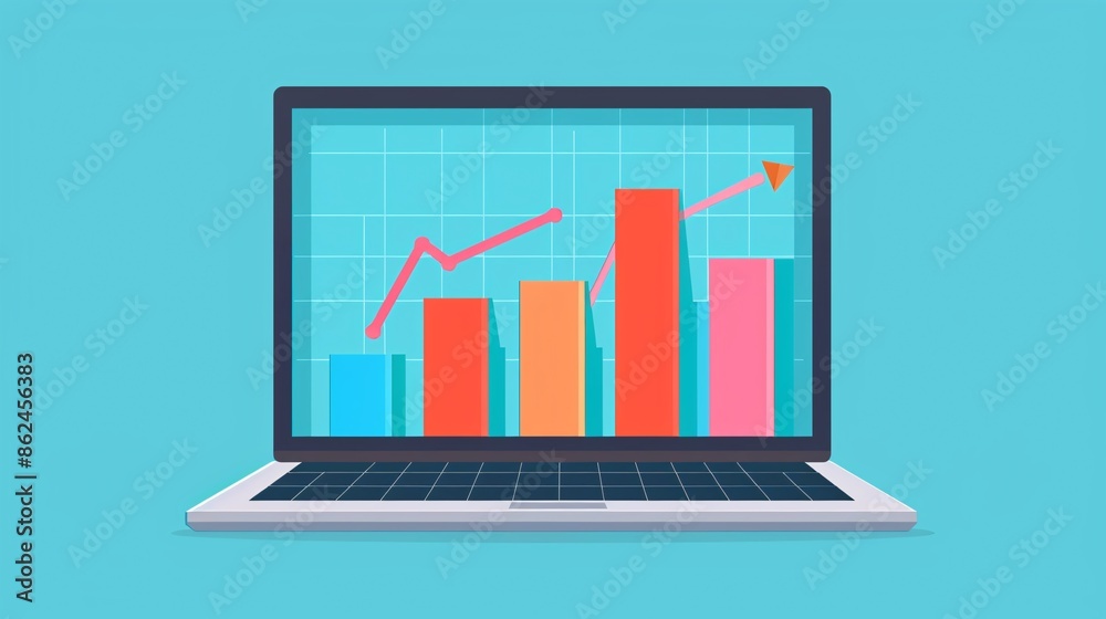 Poster a laptop displaying a colorful bar graph and line chart on the screen, representing data analysis, s