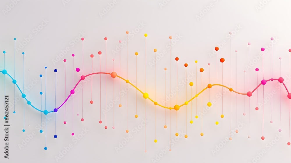 Poster abstract colorful data chart with gradient lines and dots, representing digital analytics and techno