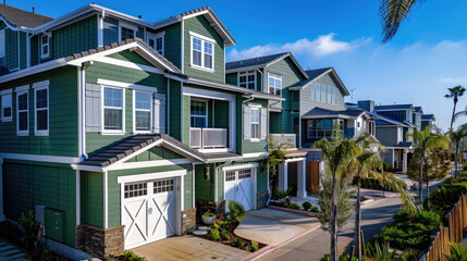 Elegant duplex houses adorned with green wood vinyl sidings in the scenic Carlsbad, San Diego, California. A perfect blend of charm and coastal allure.