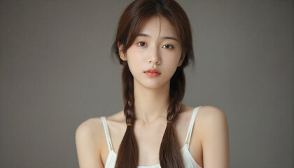 Koreans, 20s, long hair, pure, studio photos, gray background, flawless skin