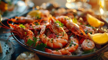 Elegant Seafood Platter with Prawns and Lemon in a Sunlit Atmosphere