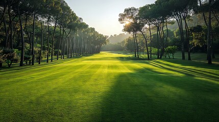 Beautiful golf course with lush green fairway and tall pine trees, bathed in warm sunlight creating serene and tranquil outdoor scenery.