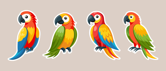 Set of cute parrots, children's stickers collection. Cute cartoon macaw birds. Illustration, print for children