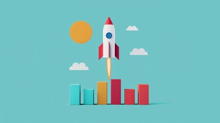 Abstract illustration of a rocket launching over a bar graph, symbolizing business growth, progress, and innovation under a clear sky.