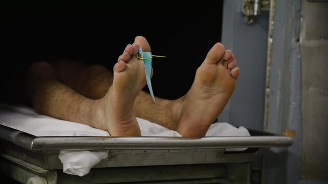 Feet in morgue cooler with toe tags