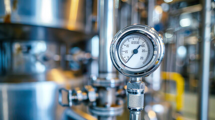 Close-up of a temperature sensor gauge in a manufacturing setting, highlighting the importance of precise temperature control for industrial processes