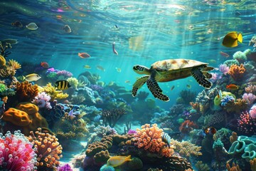 Fototapeta premium A vibrant underwater scene featuring a coral reef teeming with colorful fish, sea anemones, and graceful sea turtles gliding through the crystal-clear waters. The sunlight filters through