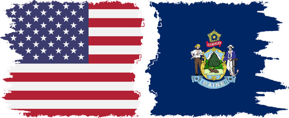 Maine state and USA grunge flags connection vector