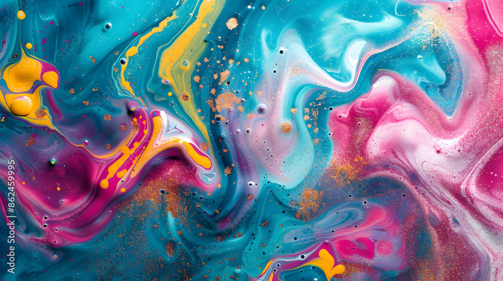 Wall mural Radiant color explosion. Sparkling paint. Fluid art. Combined bright teal pink red yellow liquid bubbles spinning on water surface with glitter