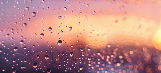Obraz premium Raindrops on a glass window at sunset, abstract background