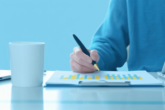 Business person analyzing charts and graphs on a clipboard while working at a desk with a cup of coffee. Blue tones create a calm atmosphere.