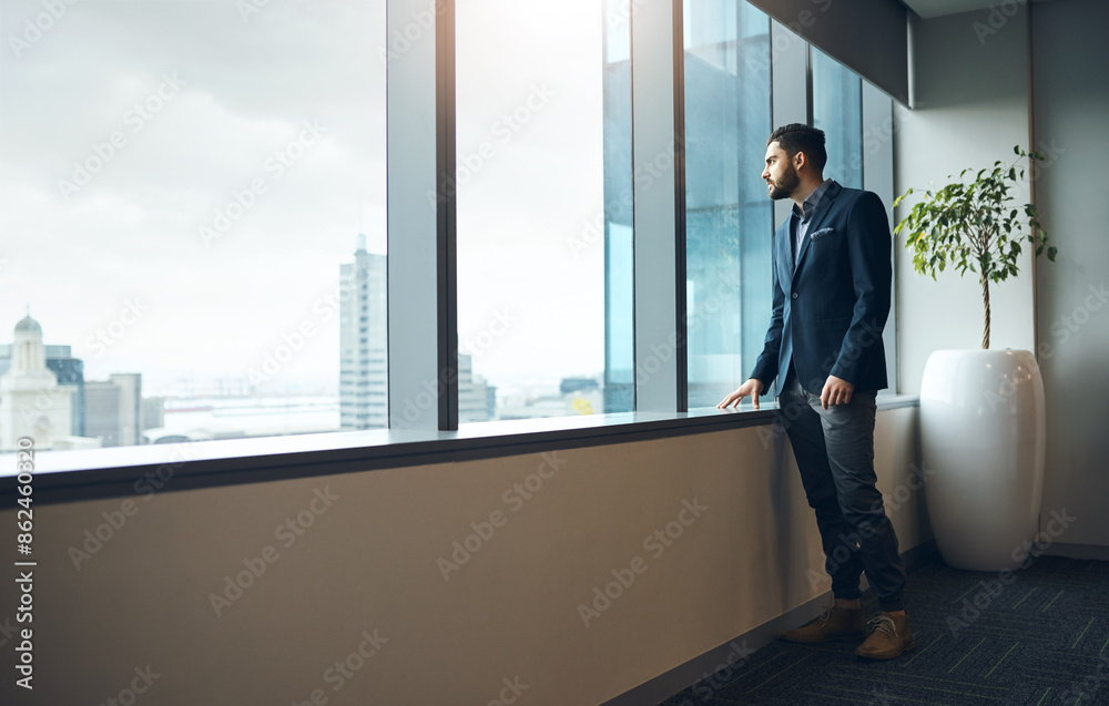 Poster Office, thinking and man at window with vision, insight or decision for property developer in city. Realtor, consultant or entrepreneur with business plan, inspiration or ideas for urban real estate