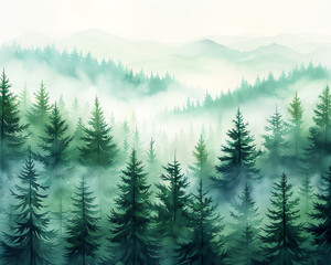 Cedar trees on a misty mountainside, watercolor illustration with lush green foliage and a peaceful atmosphere, evoking a sense of natural grandeur and tranquility