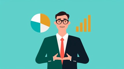 Businessman with charts in an illustration, symbolizing data analysis, business growth, and professional insights in a modern design.