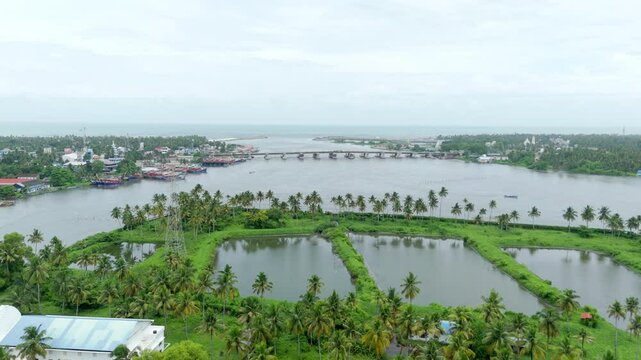 Neendakara bridge and Fishing Harbour kollam kerala, during trawling ban drone view from island