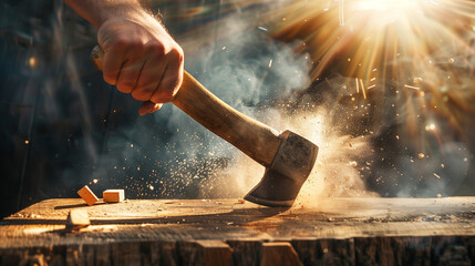 Ax hand striking with motion blur to highlight the powerful action.