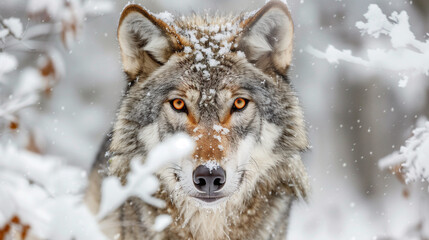Naklejka premium A detailed portrait of a wolf with intense red eyes in the snowy wilderness, showcasing its powerful and mysterious gaze in the cold and terrifying winter forest.