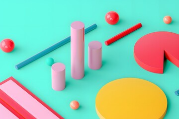 Colorful 3D geometric shapes on a turquoise background, featuring cylinders, spheres, and semi-circles in a playful abstract arrangement.