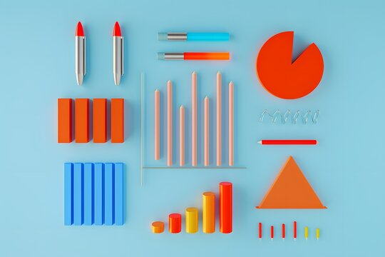 Colorful 3D business charts and graphs on a light blue background, including bar, pie, line, and scatter plots, with pencils and lipstick.