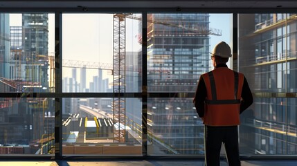 Construction worker in safety gear overlooking city development through large glass windows with cranes, buildings, and sunshine.