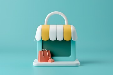 Colorful 3D illustration of a small shop with shopping bags on a pastel blue background, representing retail and online shopping.