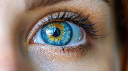 A close-up of a blue eye with long eyelashes.  The eye is looking to the right.  The iris is a mix of blue, green, and brown.