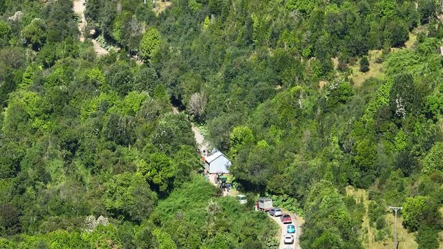 distant aerial view with zoom, rural road through the forest. community of people doing a minga