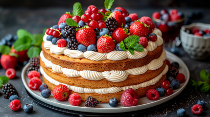 A multi-layered cake with strawberries, blueberries, and raspberries on top. The cake is decorated with whipped cream and has a fresh, fruity appearance