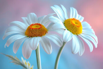Naklejka premium Two white flowers with yellow centers are in a vase. The flowers are in a blue background