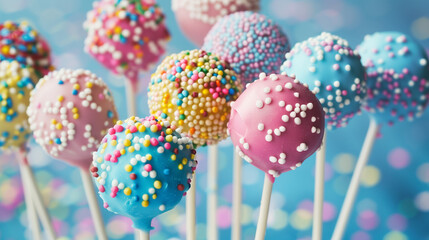 Colorful cake pops with sprinkles, on sticks in a decorative arrangement. Their bright colors and careful decorations create a cheerful atmosphere, perfect for any occasion.