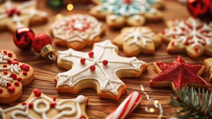 Festive Christmas Cookies with Icing and Decorations on Wooden Table Surrounded by Holiday Ornaments